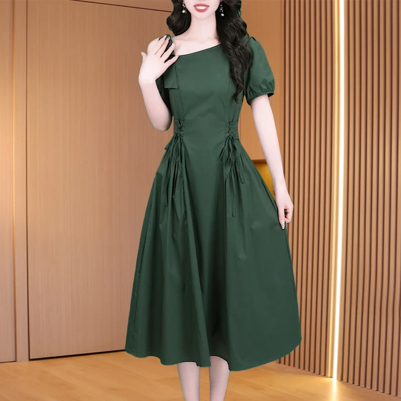 拉夏贝尔轻奢小众高级感女装法式连衣裙子2025夏季十三行绿色复古