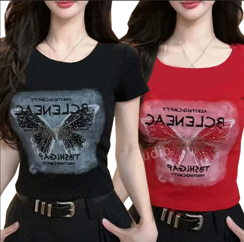 夏季新款蝴蝶镶钻T恤短袖修身显瘦时尚百搭上衣