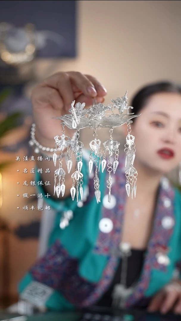 珐琅足银999双凤盘发簪