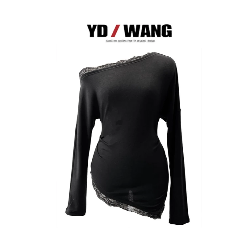 【YD精选】蕾丝边斜肩修身上衣  设计款时尚休闲小众款长袖外套