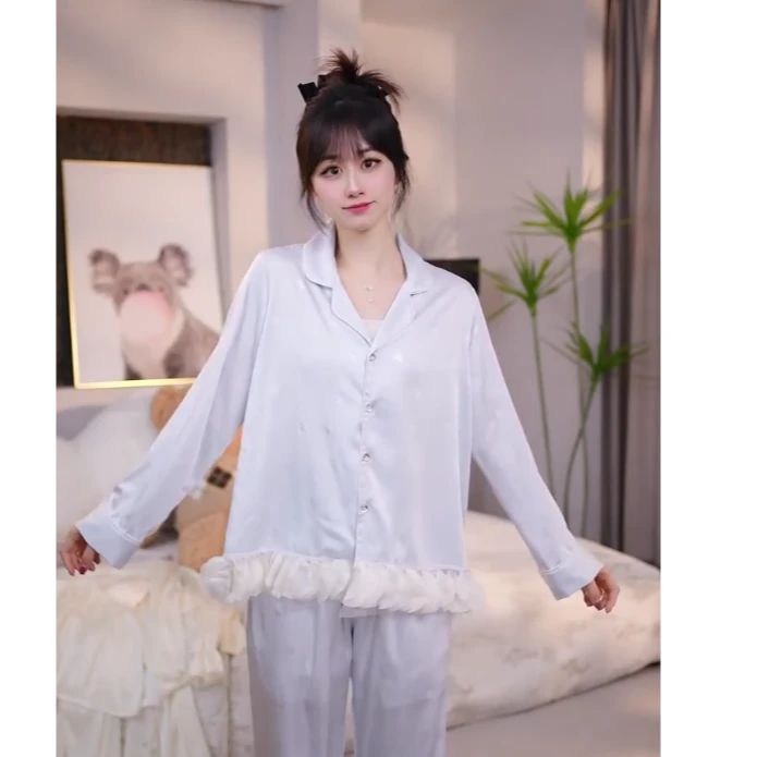 查理夫人无编码【下摆花】丝款睡衣套装睡衣秋冬长袖休闲家居服