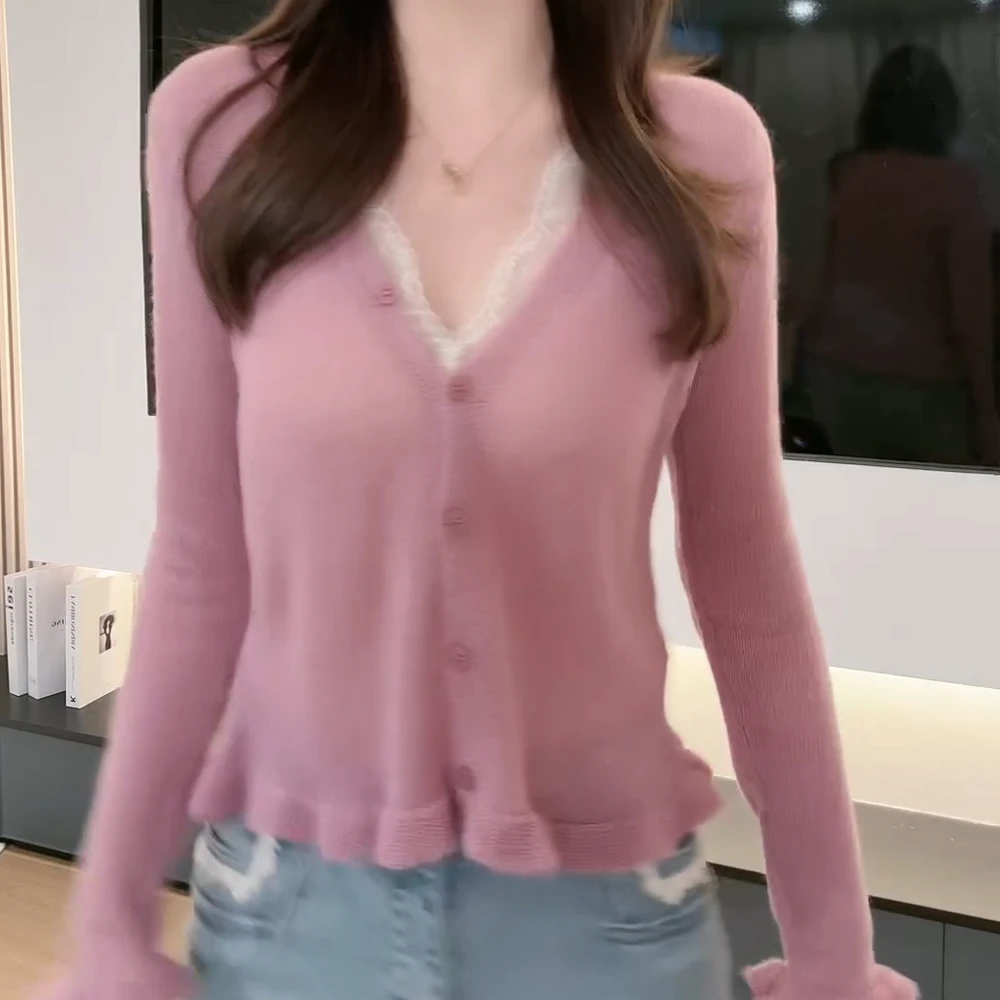 春季上新欧若风洋气时尚女人味毛衣花边长袖v领针织衫