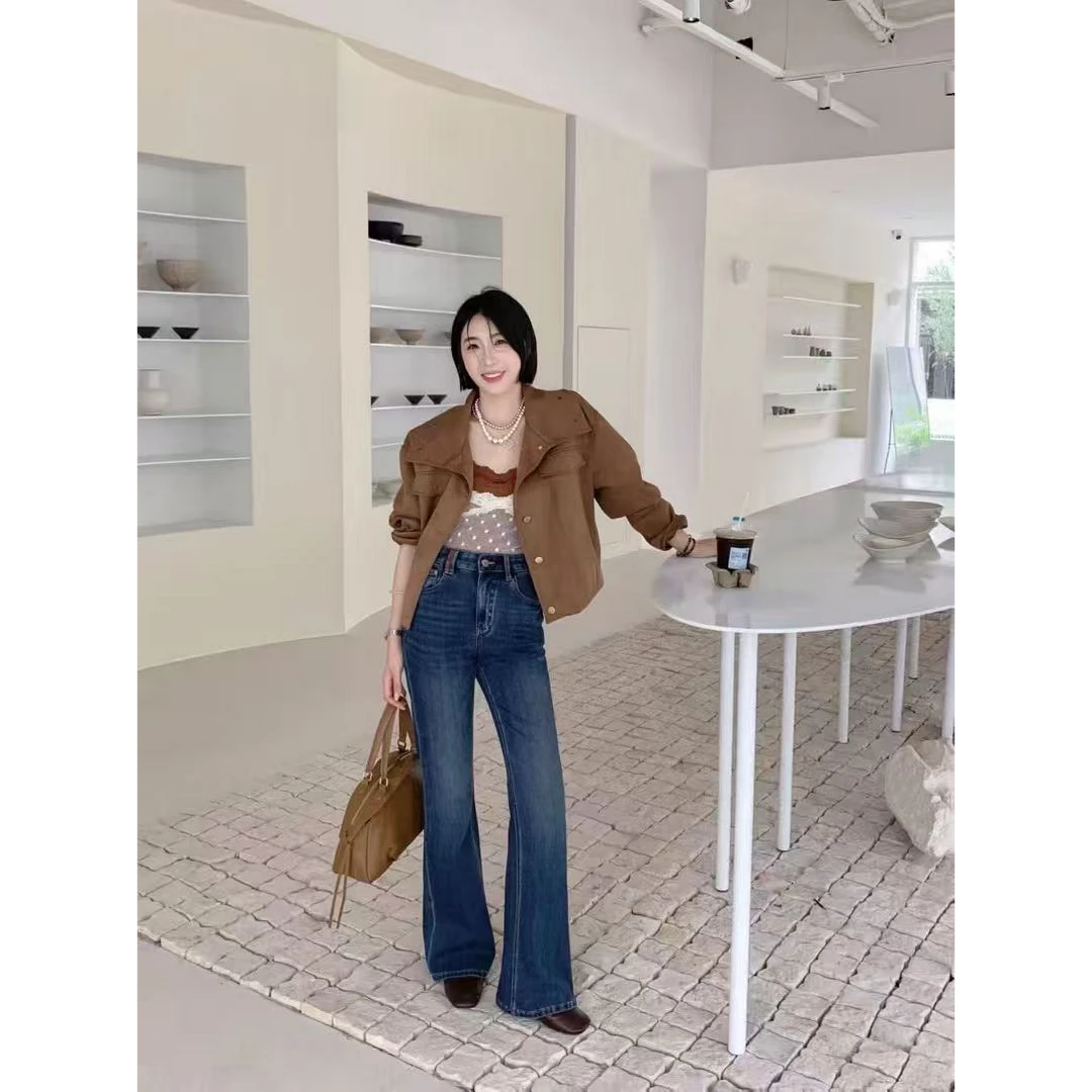 2025冬欧货新款安琦斯正版现货58681植绒版超模喇叭裤牛仔裤女