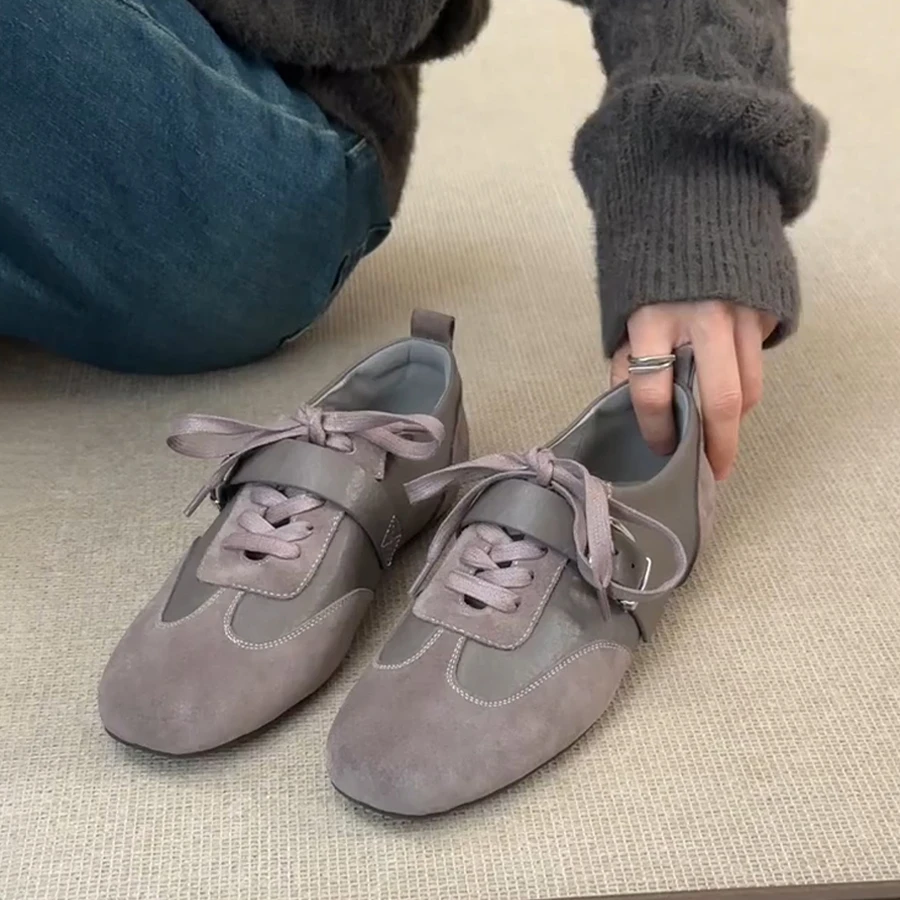 牛皮版~复古运动鞋拼接系带德训鞋女皮带扣平底阿甘鞋百搭休闲鞋