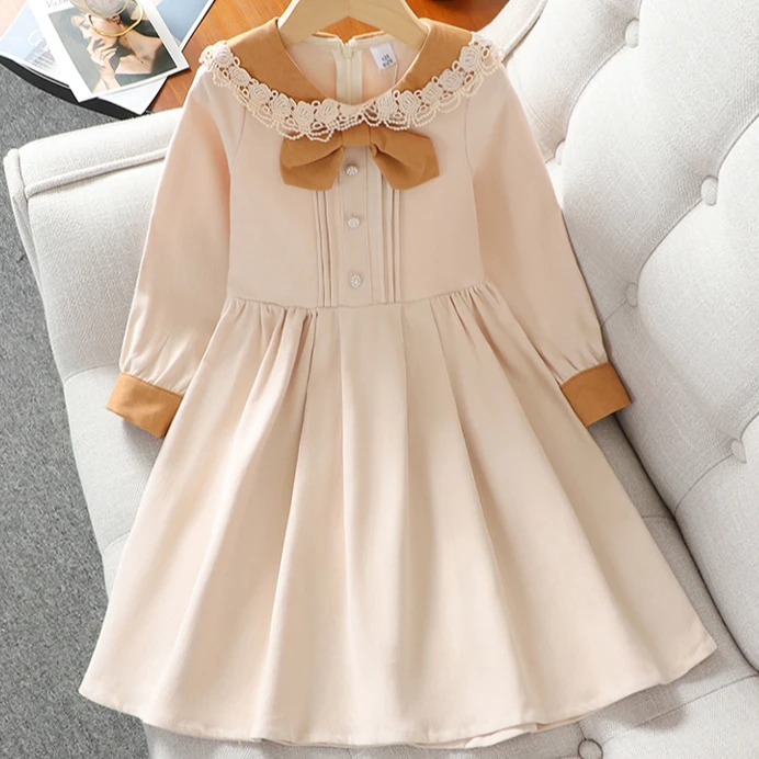 女童连衣裙春秋款2025新款春装洋气学院风蝴蝶结长袖中大儿童裙子