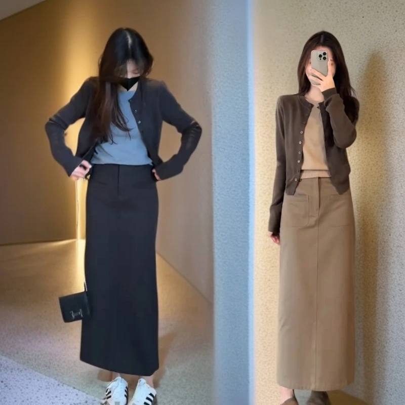 2025秋季新款韩系氛围感穿搭拼接假两件针织上衣半身裙两件套