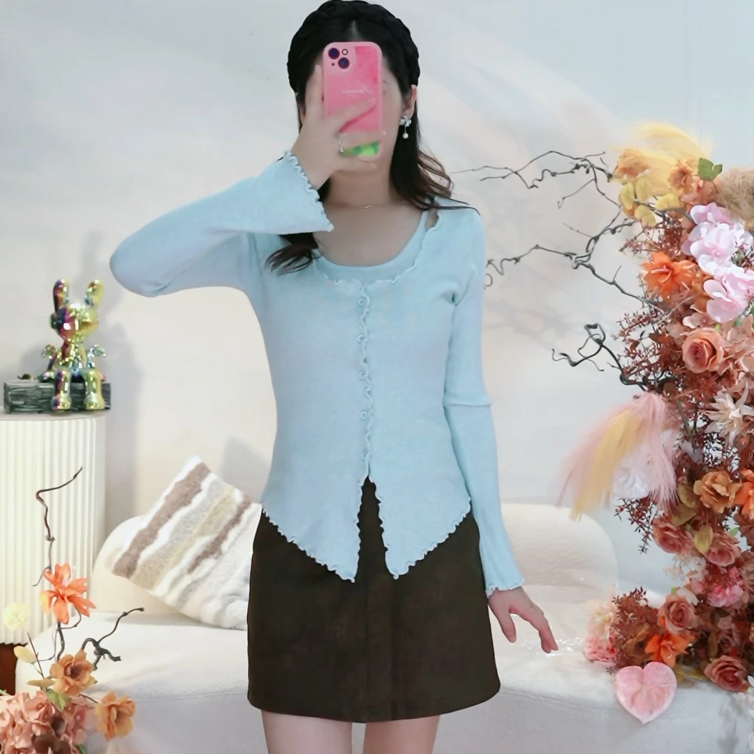 2025秋季假两件针织衫+短裙两件套显瘦气质时尚长袖套装3090