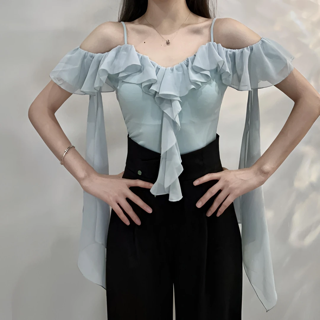 【LP舞服】原创设计-时尚碎花露肩荷叶边半开领短袖飘带修身