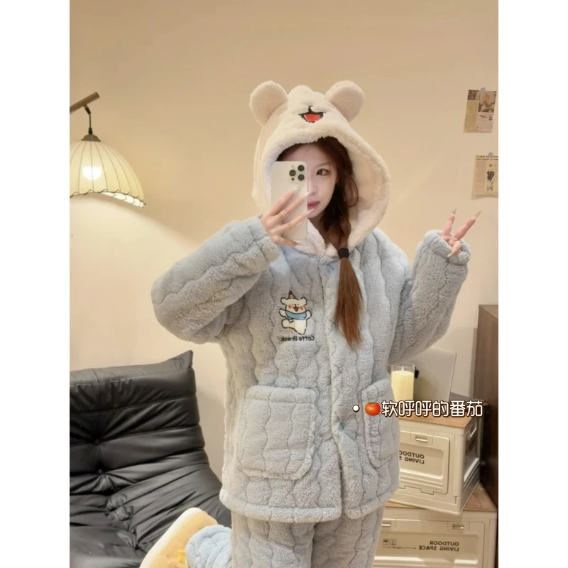 线条小狗 | 冬季三层夹棉加厚睡衣女士卡通休闲保暖连帽家居服