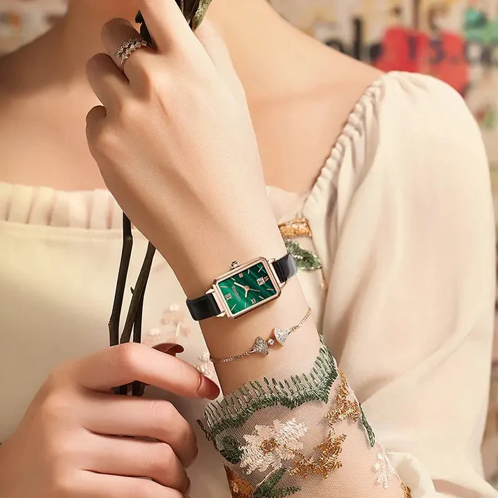 浪 琴正品手表女士防水时尚方型小绿表真皮商务LOEGSINS女士手表