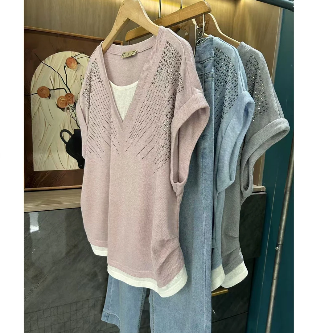 胖MM烫钻拼接常规镶钻T恤灰色女士t恤夏季女士无袖气质款X60619