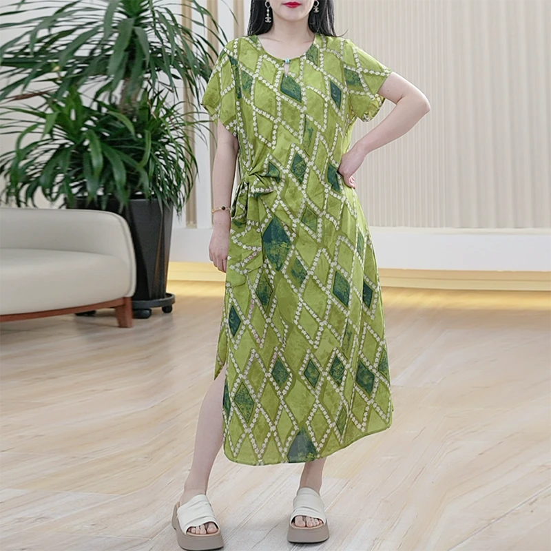 空气薄纱连衣裙格纹印花独特漂亮掐腰显瘦夏季大码中长款过膝裙