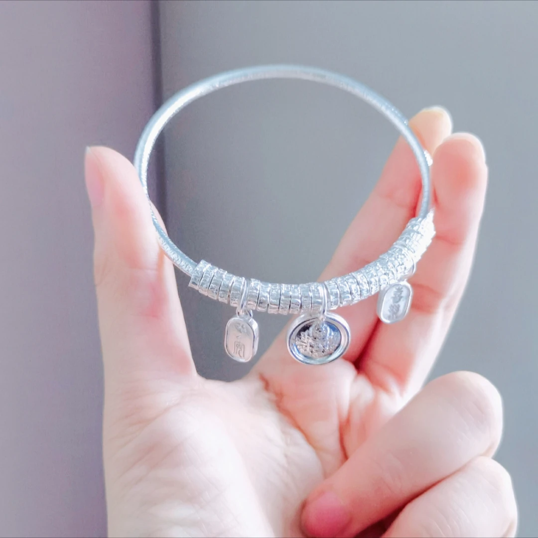 足银手镯 纯银999手镯黄财神国风平安盘缠银镯子腰缠万贯喜乐款