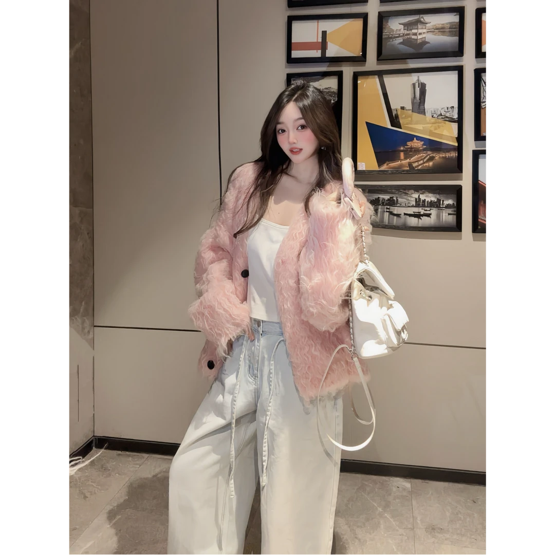 慵懒风羊毛圈圈拉毛v领开衫保暖毛衣女加厚毛茸茸短款针织外套冬