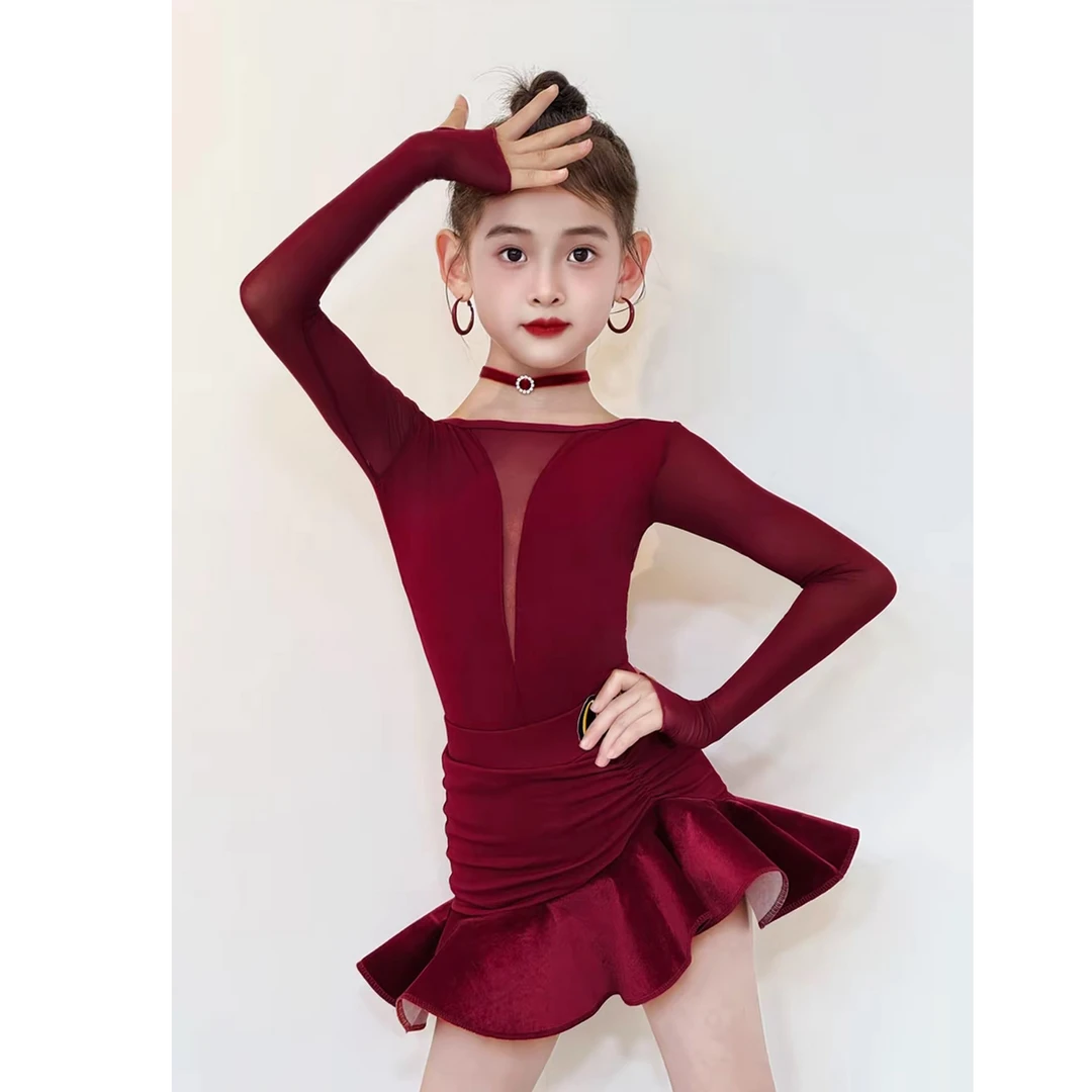 CONNY拉丁舞服套装女儿童日常舞蹈训练功长袖上衣半身裙表演出服