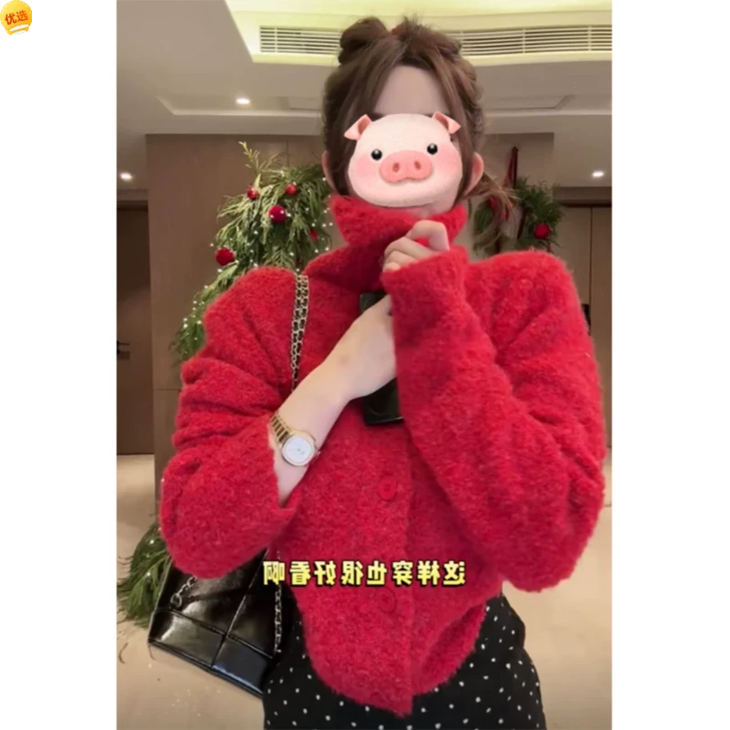 韩系穿搭红色高领毛衣外套女秋冬季保暖加厚翻领针织开衫上衣