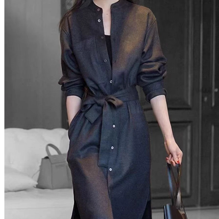 时尚休闲简约廓形条纹立领搭配腰带双口袋松弛羊毛连衣裙