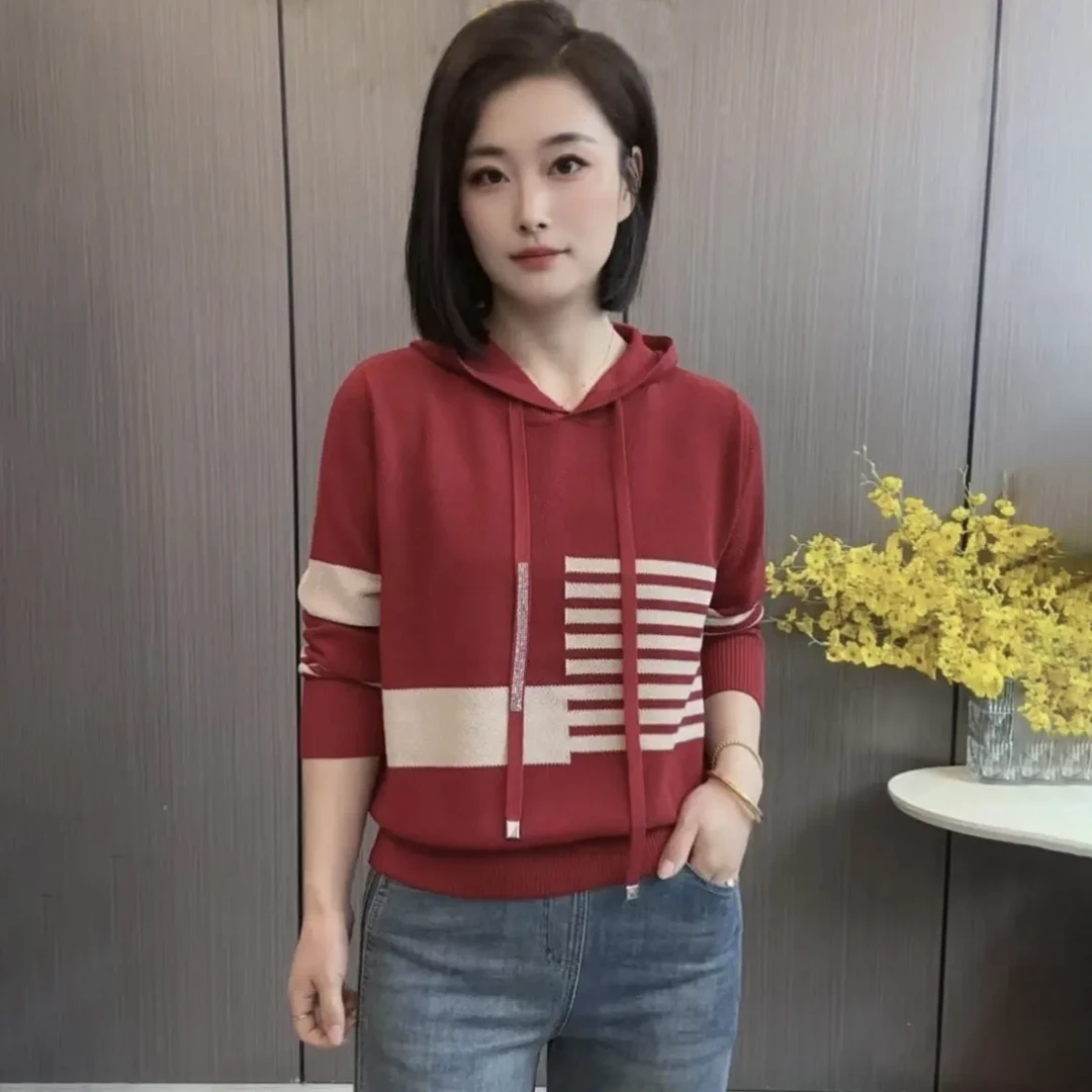时尚条纹连帽2025春秋款新款宽松显瘦百搭长袖针织衫毛衣洋气上衣