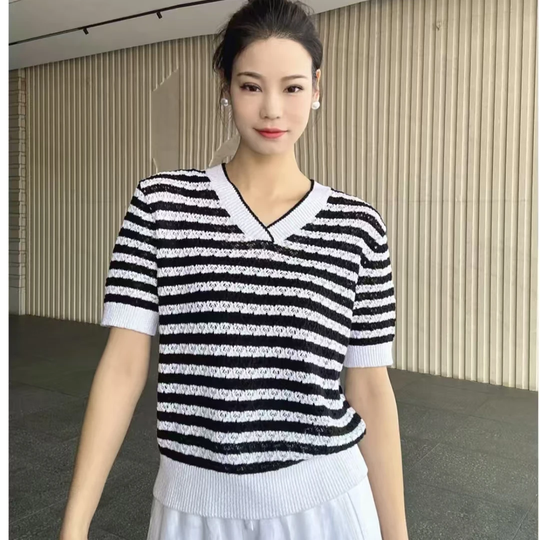 AMASS/阿玛施春夏新款时尚洋气高级条纹短袖百搭显瘦针织衫538023