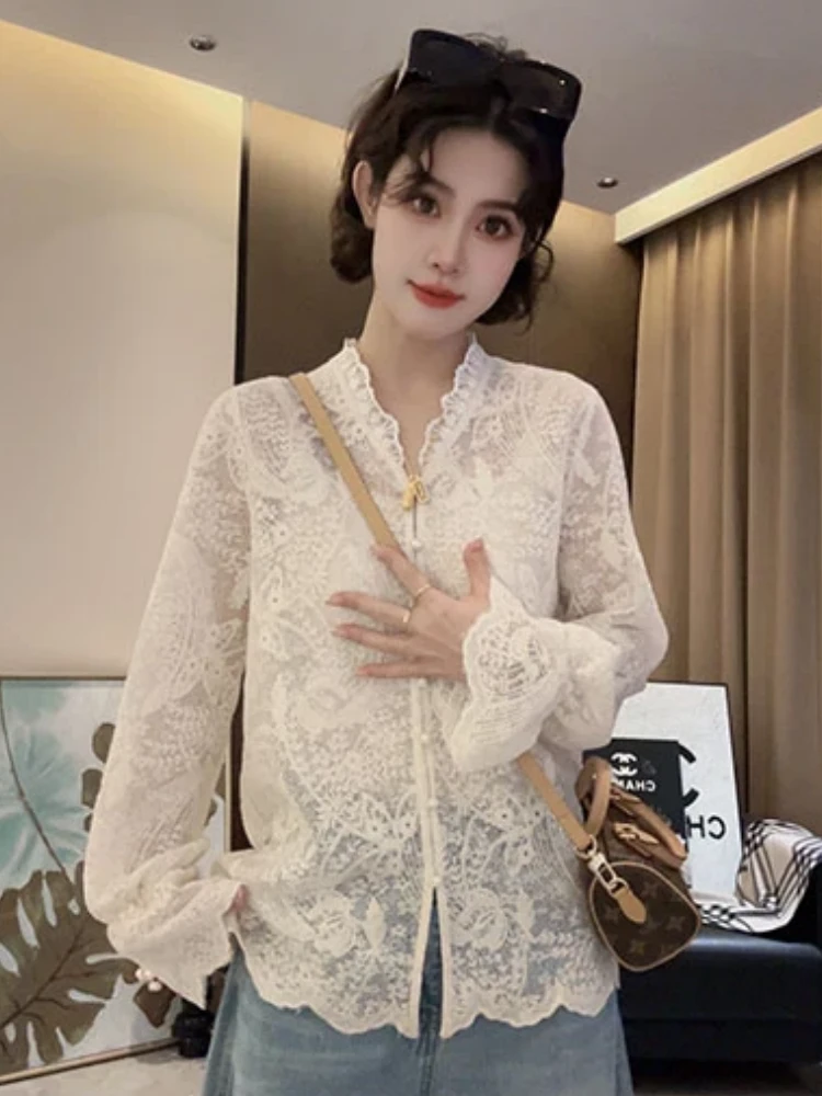法式蕾丝花边镂空钩花衬衫女2025年春夏高级感轻奢小众小衫上衣