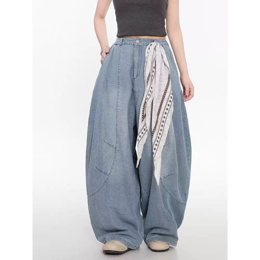 配方巾夏季新款美式复古方巾解构廓形弯刀牛仔裤男女解构阔腿裤