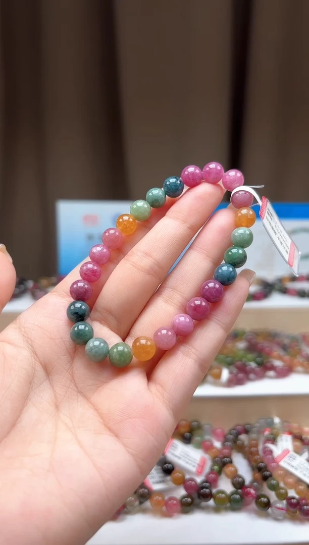 未镶嵌手串碧玺7.8mm艳丽彩虹色高阶油画体碧玺单圈手串