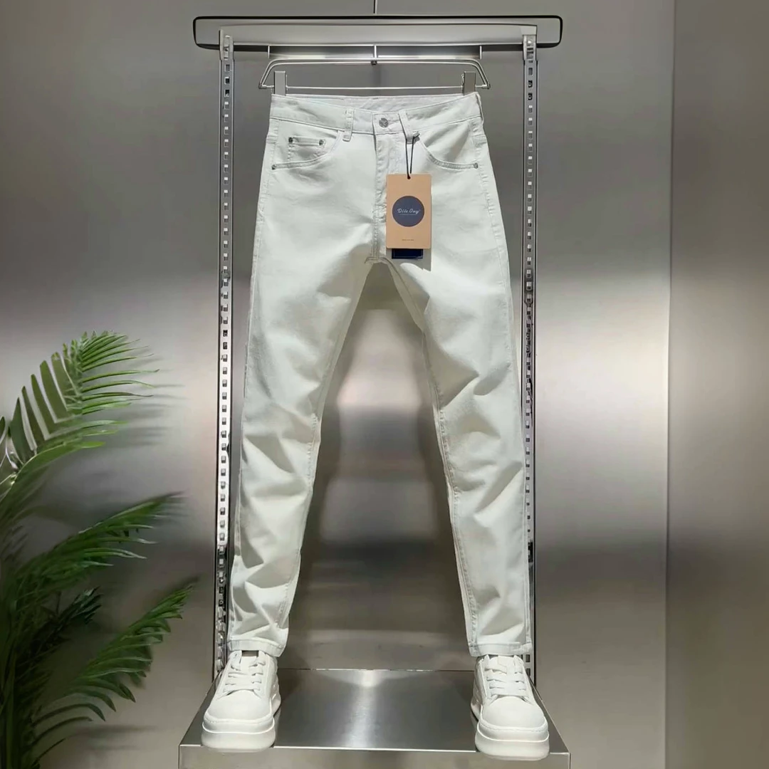 米白牛仔裤男小脚修身2025新款长裤春夏薄款百搭休闲弹力韩版欧货