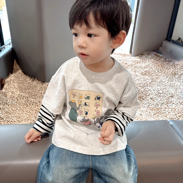 洋气假两件~男童长袖T恤2025春秋季女童宝宝百搭舒适上衣打底衫ol