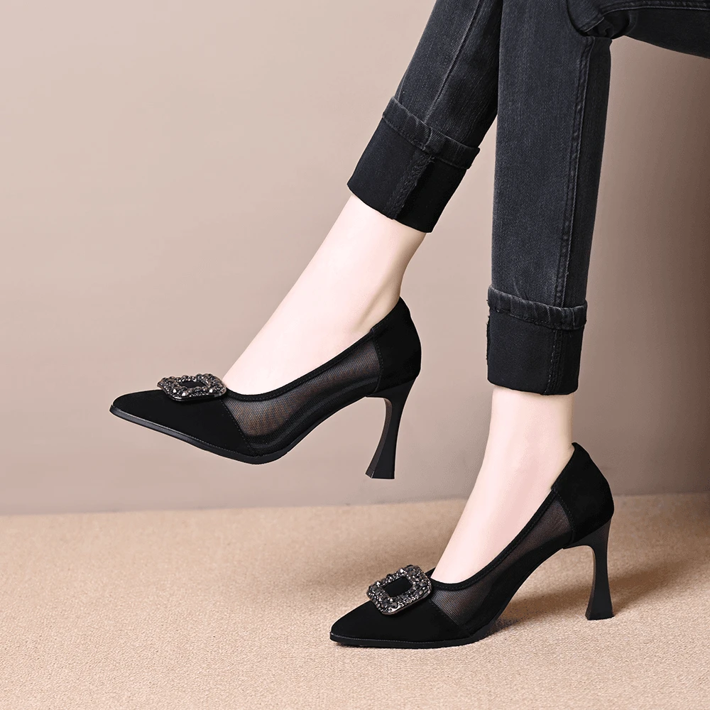 水钻黑色高跟鞋女2025新款春秋细跟法式配裙子不累脚气质尖头单鞋