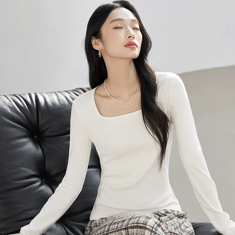 【达人专属】D01对白方领正肩长袖t恤打底衫针织衫FDT160