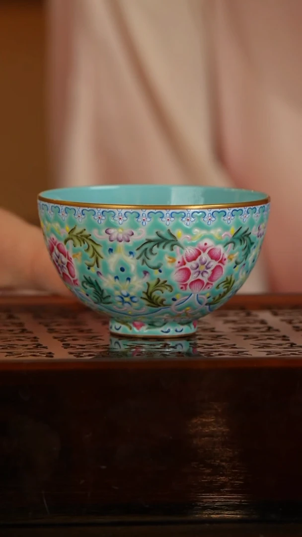 月亮好物推荐溢珍堂@@松石绿花卉鸡心杯