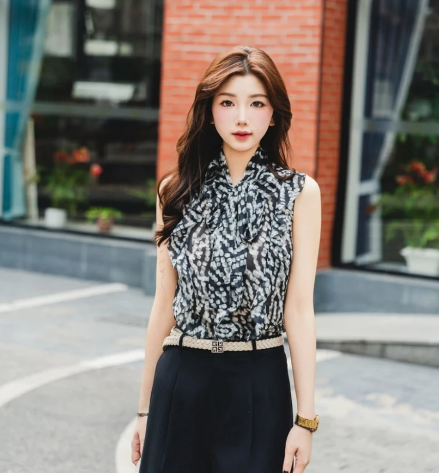 【商场同款】荷叶边无袖衬衫夏季复古气质百搭印花抹胸上衣女130022