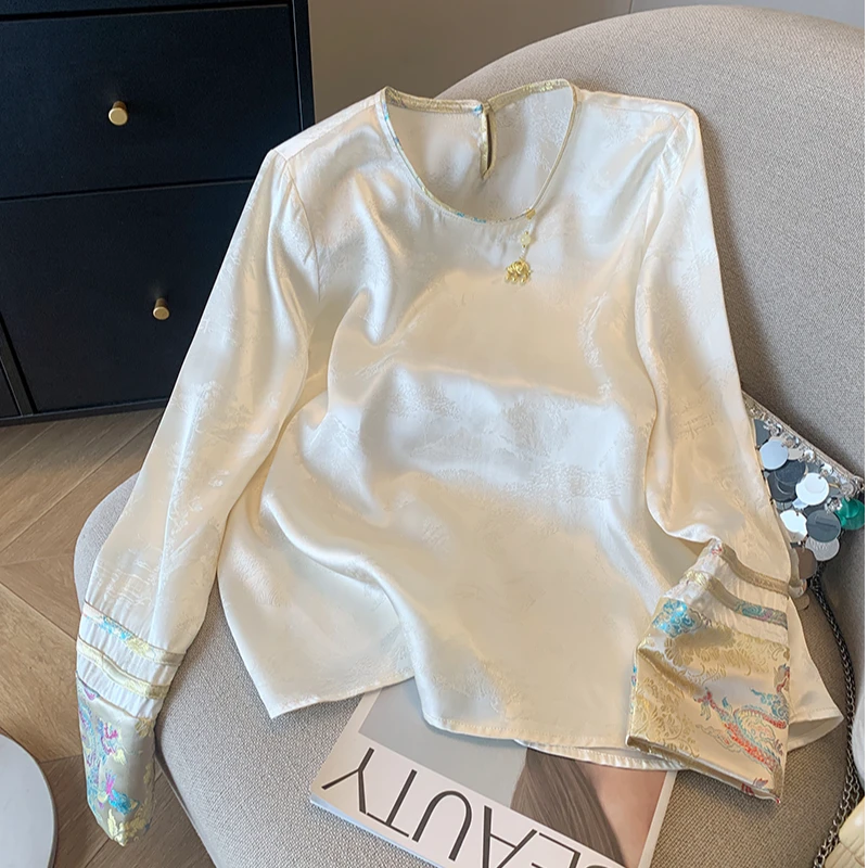 新中式拼接提花衬衫女2025春秋新款爆款洋气国风高端改良衬衣上衣