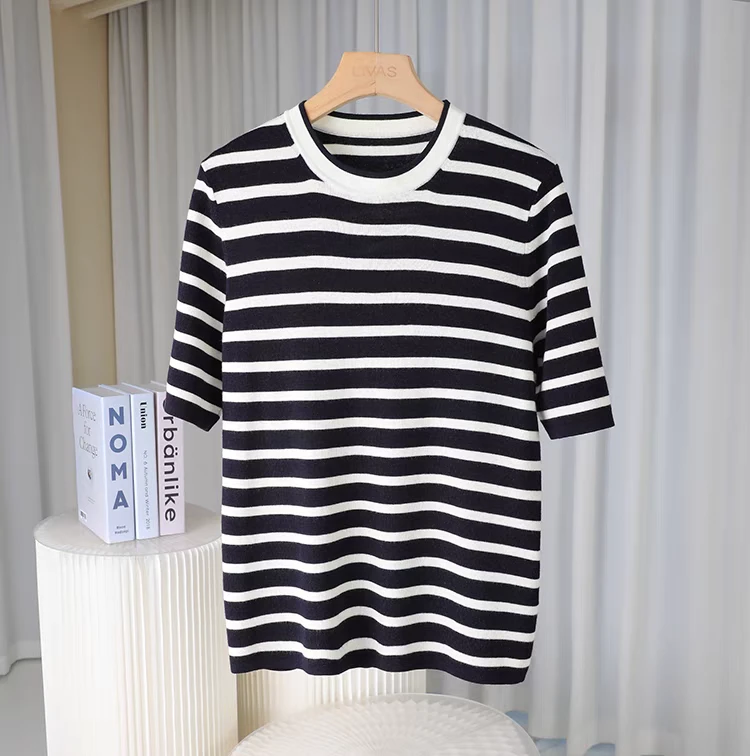 莱赛尔天丝桑蚕丝夏季针织圆领女款休闲百搭条纹短袖套头宽松版