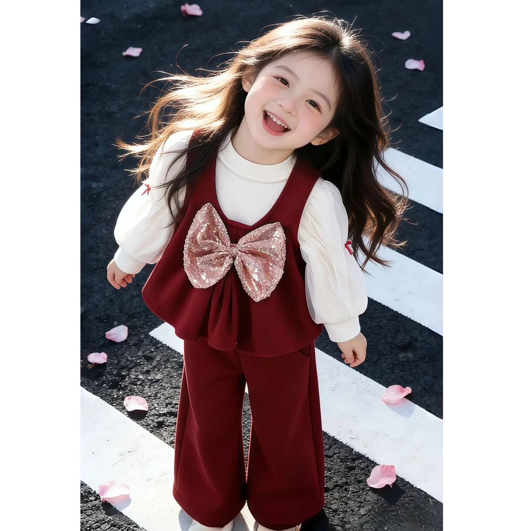 女童加绒套装2026新款冬装宝宝周岁礼过新年喜庆衣服拜年服三件套