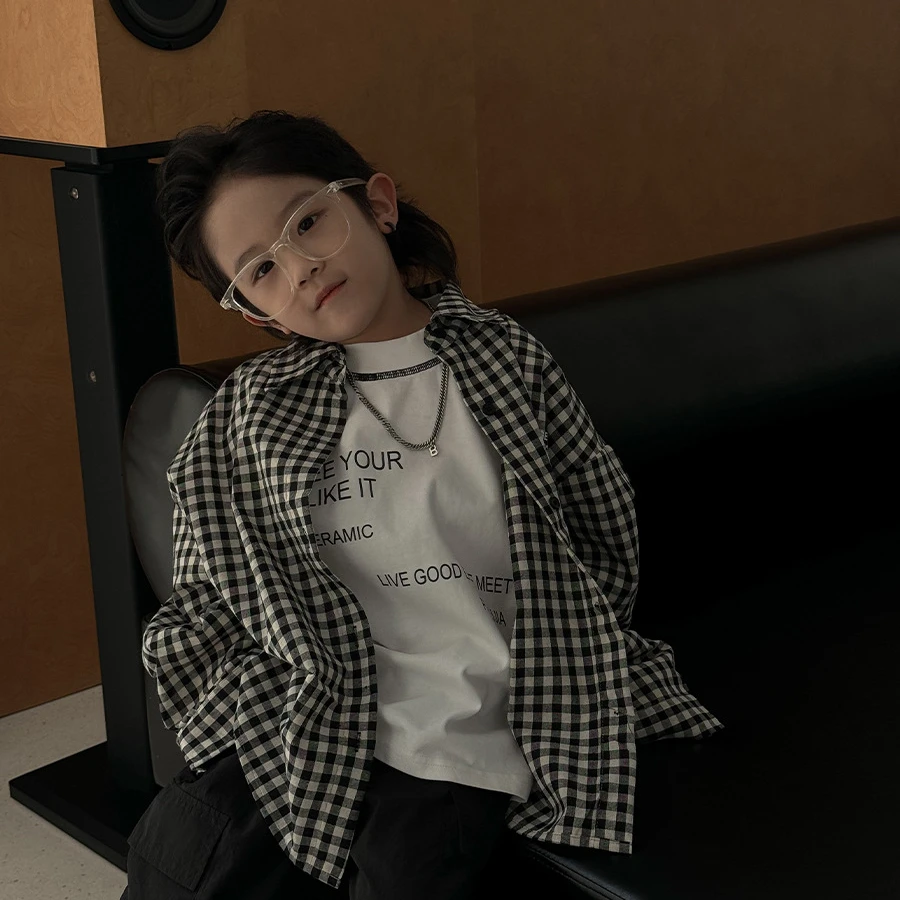 YH-25027 儿童长袖衬衣25春秋新款格子印花水洗衬衫男孩韩版衣服