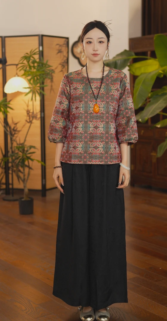 碎花上衣薄款宽松长款立领茶服提花短款女装唐装斜襟