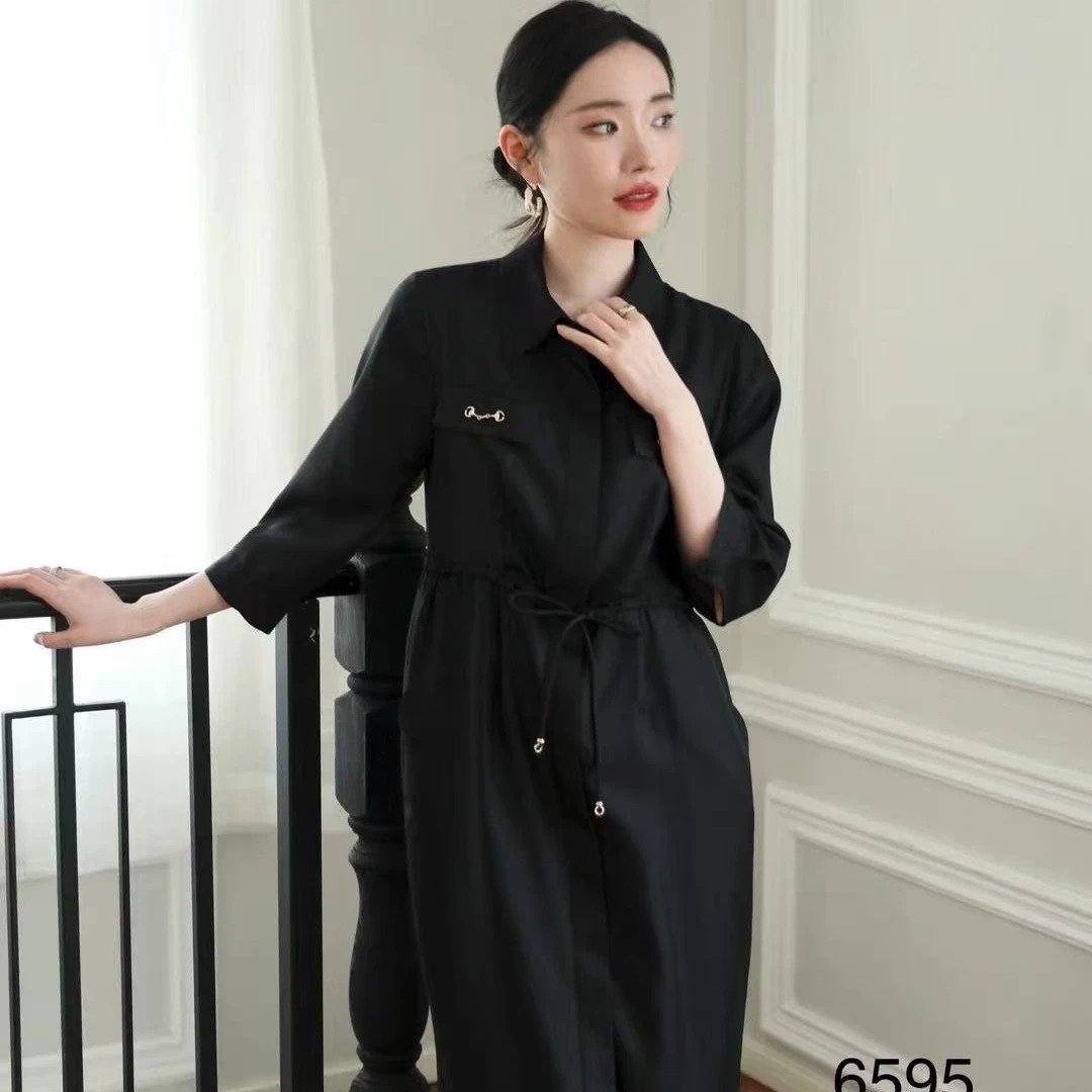 CHEN HENG 真丝桑蚕丝斜纹绸暗门襟莼色翻领收腰连衣裙女6595