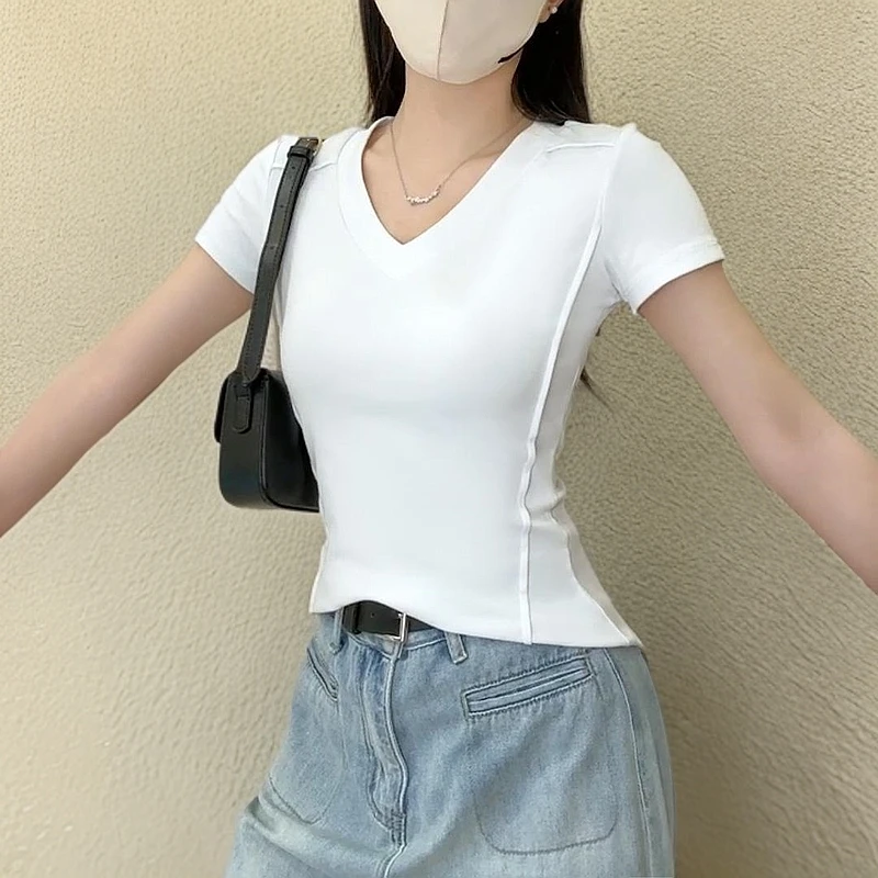 白色V领正肩显瘦短袖t恤女春夏修身设计感打底衫内搭低领上衣百搭