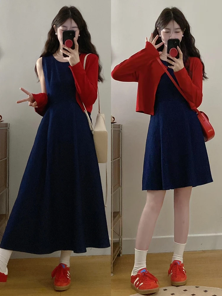 大码女装2025早春新款气质复古收腰牛仔连衣裙+开衫两件套