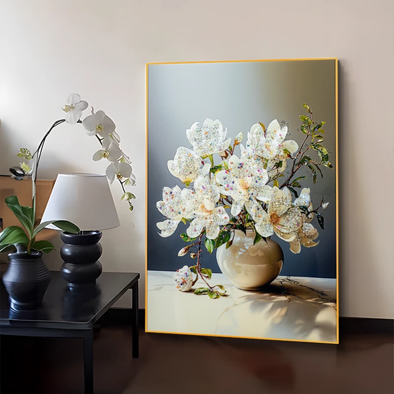 现代简约餐厅晶瓷镶钻装饰画轻奢大气饭厅过道走廊楼梯画花瓶6080