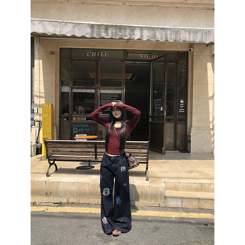 【HRG清仓】冬季街头图案印花设计感中腰牛仔裤1005#