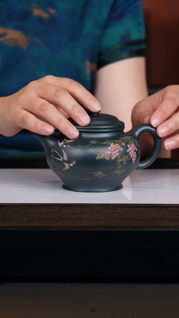 茶壶紫砂nxa绿泥泥绘刻字