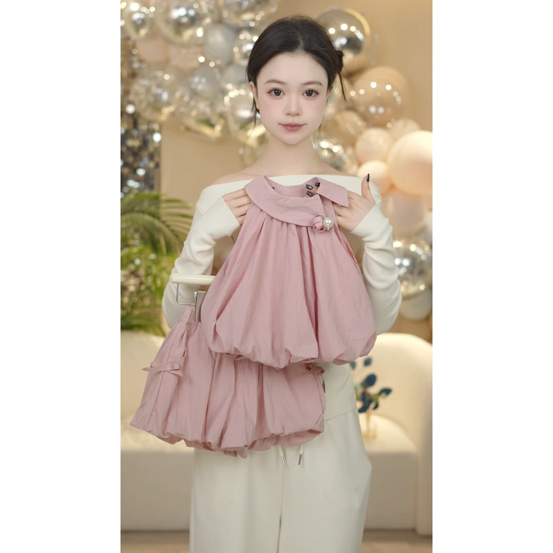 【MM】2025夏季新款女童粉色挂脖背心上衣花苞短裤洋气套装