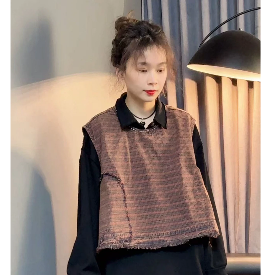 琥珀【7255】春季爆款时尚百搭洋气韩版宽松休闲复古老布马夹