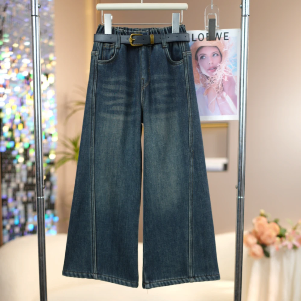 女童加绒拼接阔腿裤2025冬季新款中大童时尚百搭儿童直筒牛仔裤潮