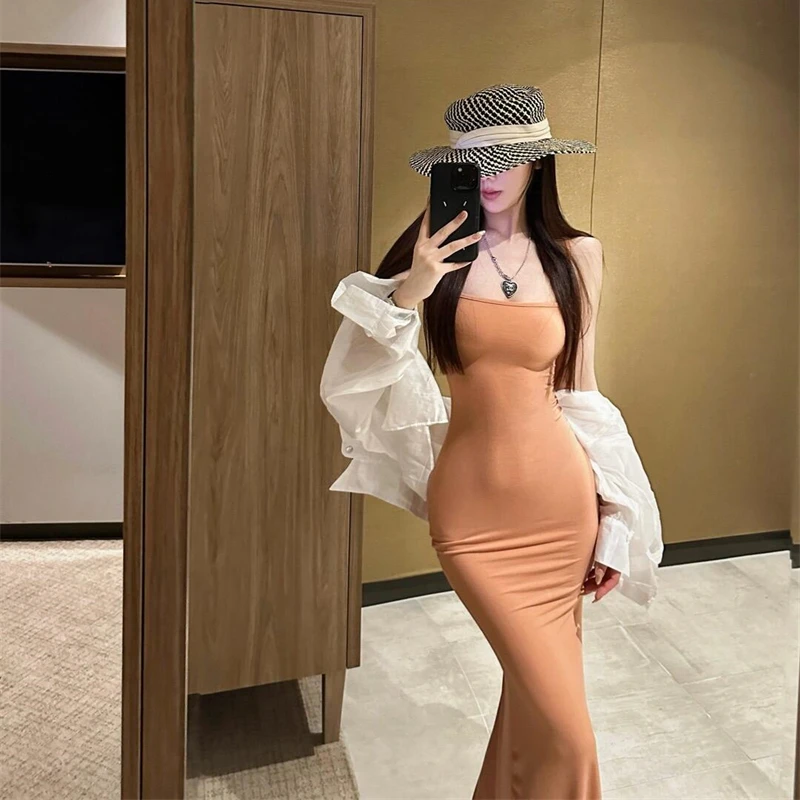 夏日绝美小裙子一字肩吊带鱼尾长裙女夏腰臀比例紧身中长款连衣裙