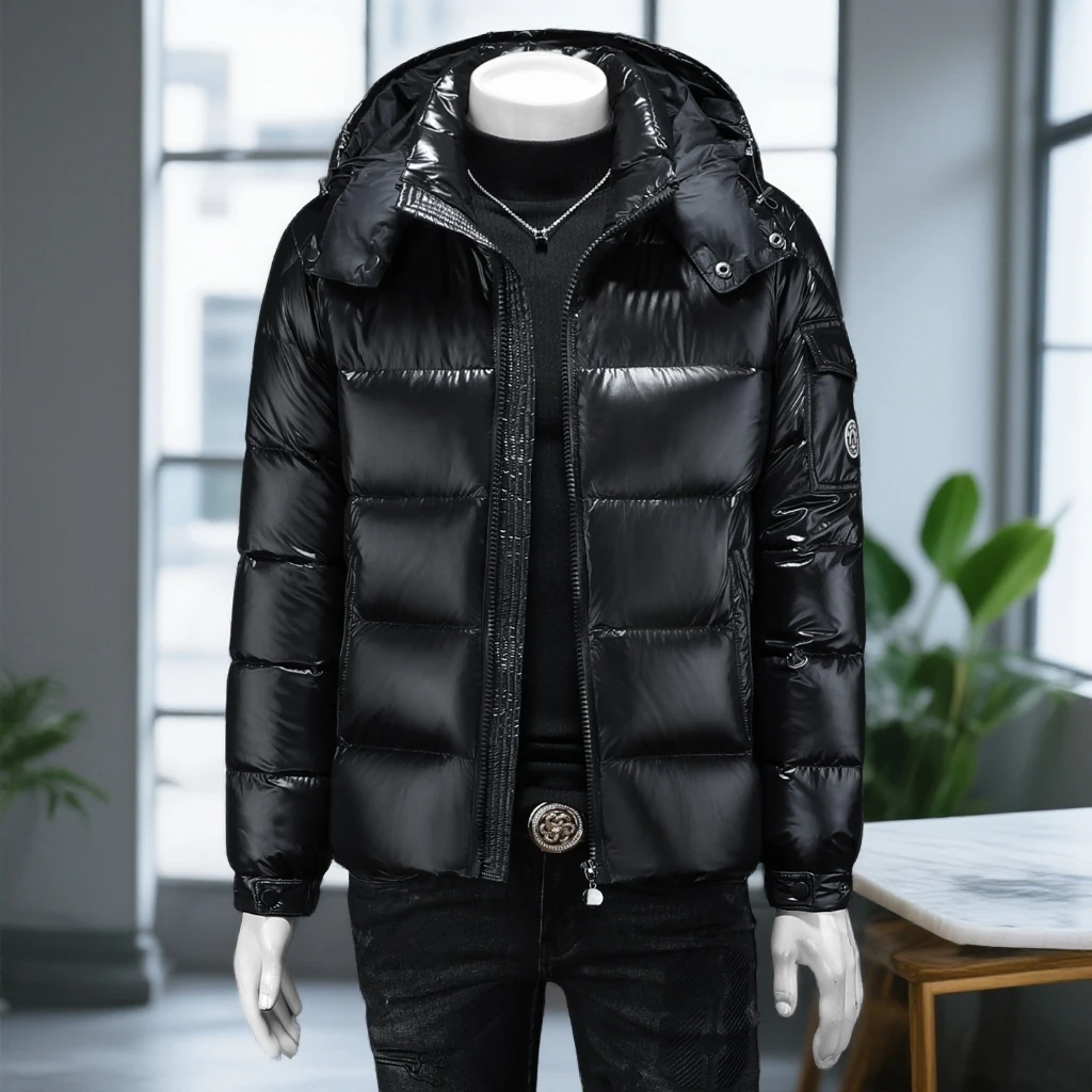 娜罗普西亮面羽绒服男防风保暖冬装时尚潮牌大码白鸭绒连帽外套潮