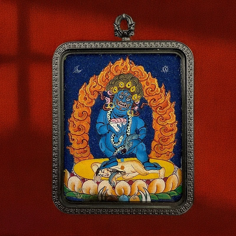 纯手绘唐卡黑财神全身像4cm×5cm吊坠挂饰主偏C