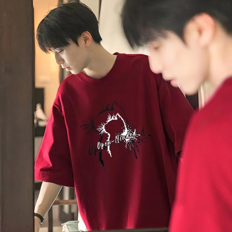 【重磅纯棉】夏季爆款休闲男短袖t恤猫咪圆领红色宽松透气国潮上衣